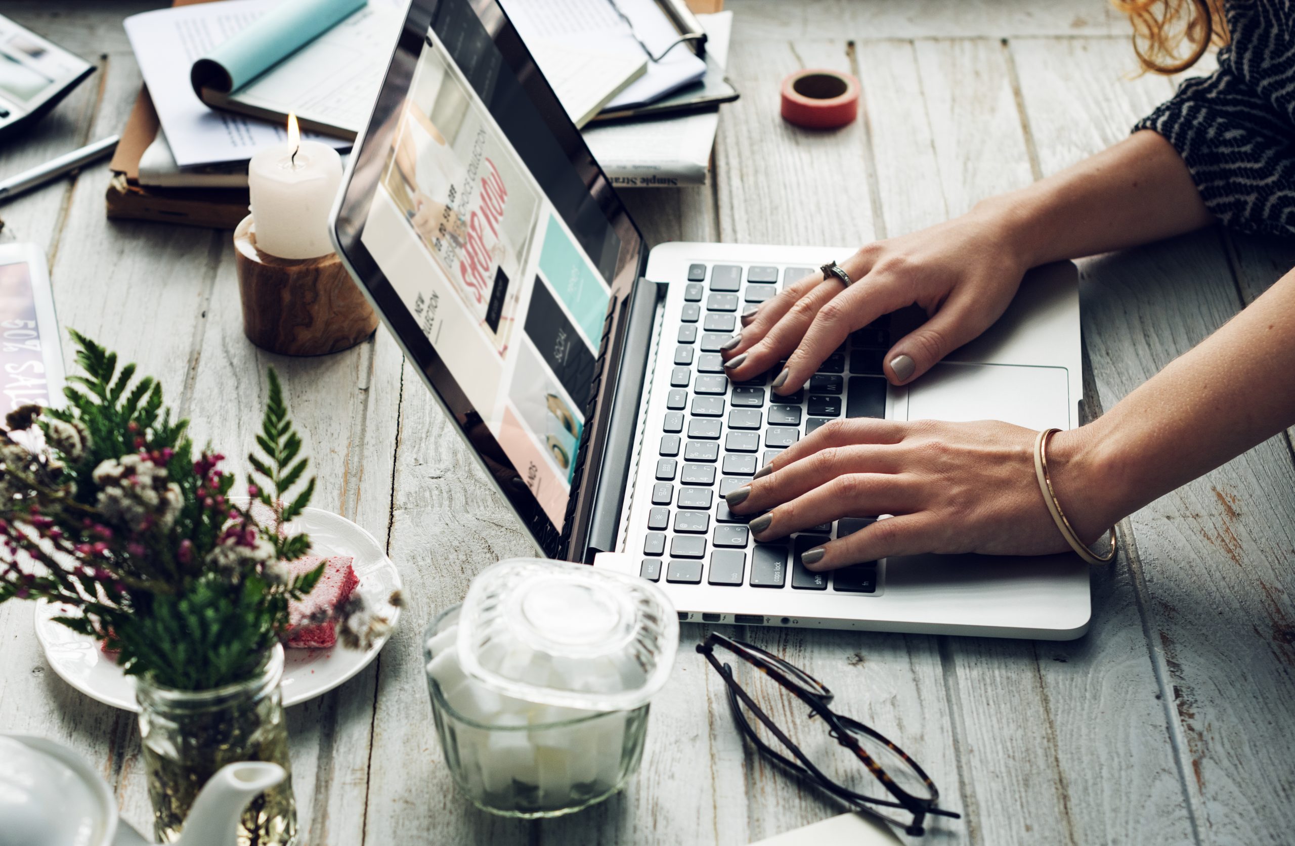 Side view of woman using computer laptop